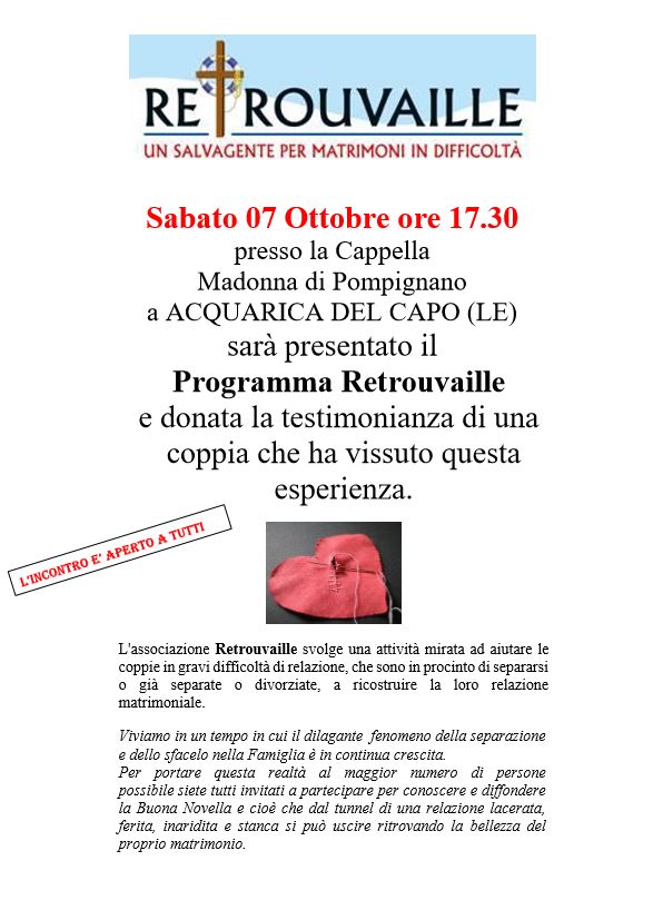 Recuperare un matrimonio dopo la separazione Presentazione del Programma Retrouvaille a Lecce in Puglia ottobre 2017