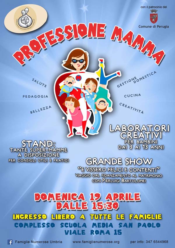 Volantino dell'evento Professione Mamma a Perugia con stand e giochi per bimbi e famiglie