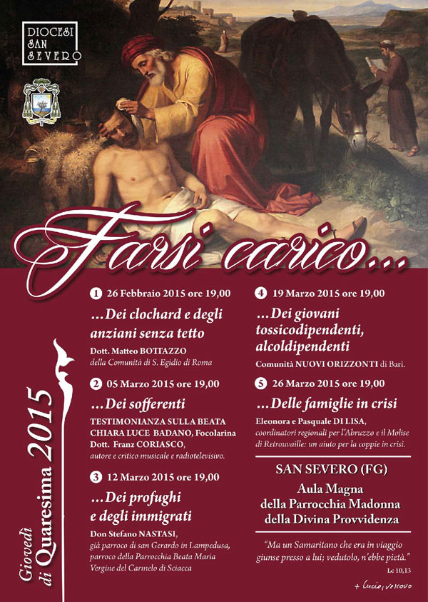 Locandina degli incontri Farsi carico delle famiglie in crisi, promossi dalla diocesi di San Severo Puglia per la quaresima 2015