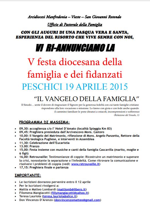 V Festa diocesana della Famiglia e dei fidanzati a Peschici: Ricostruire un matrimonio e superare la crisi, nonostante la separazione o l'infedeltà